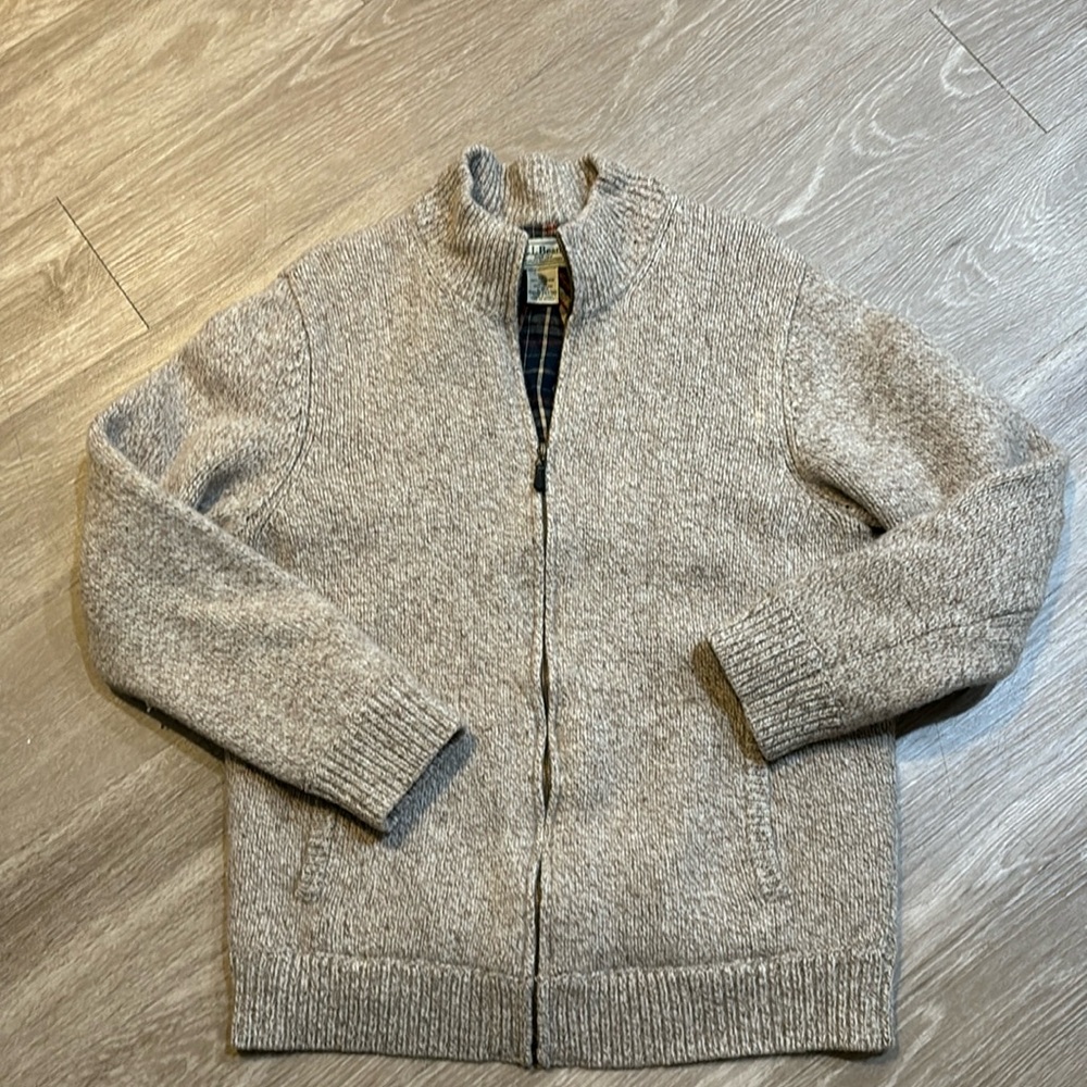 Vintage L.L. Bean Cardigan Sweater, L Men, Gray Lambswool, Flannel Lining